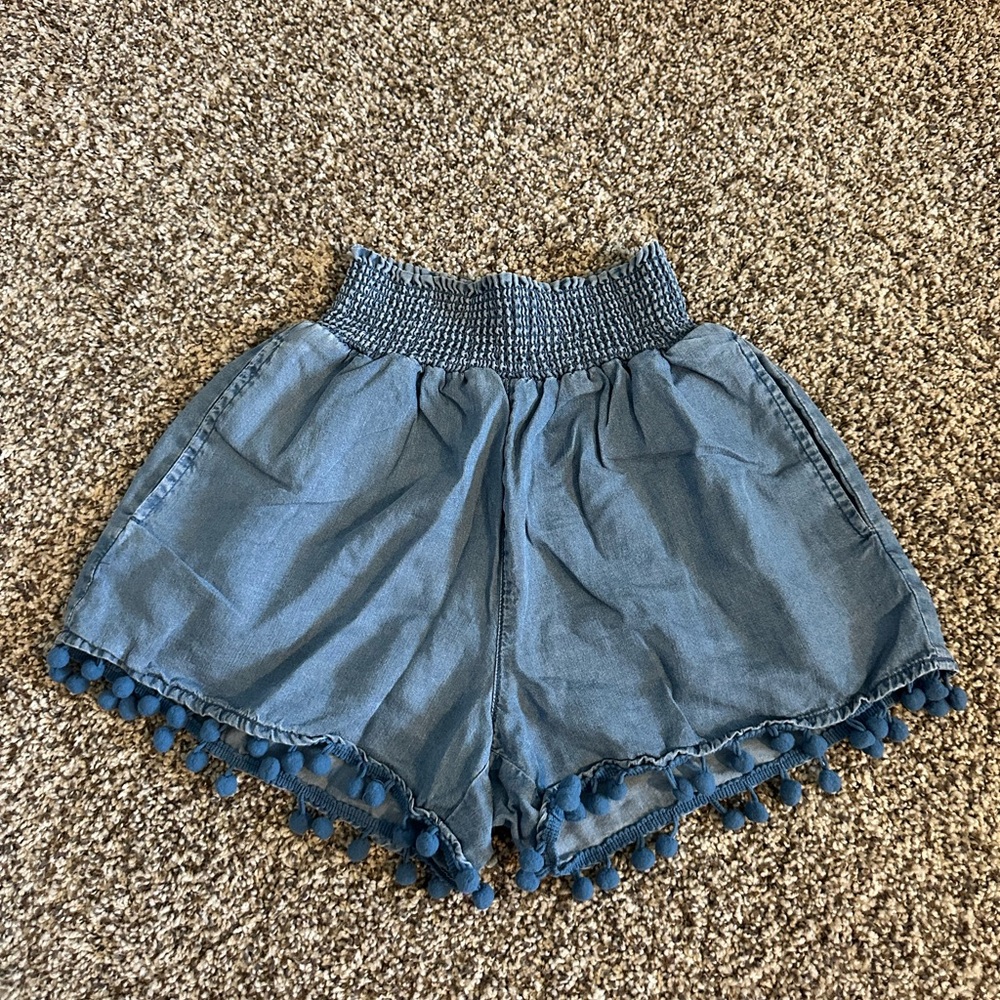 Blue Rain High Waist Blue Pom-Pom Trim Shorts